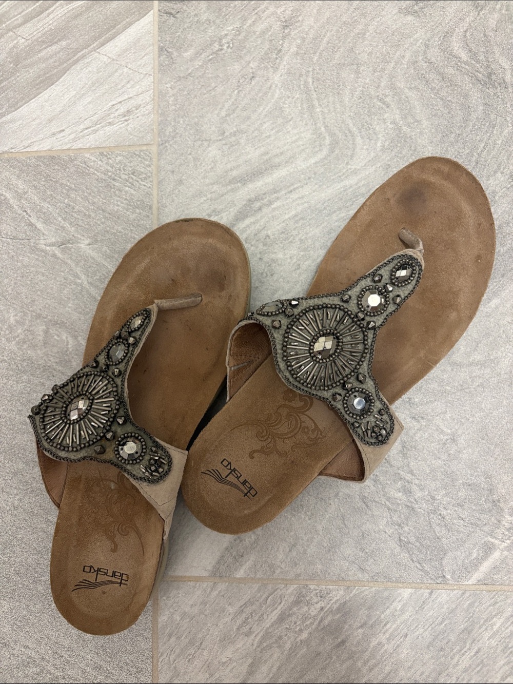 Dansko Taupe Beaded Thong Sandals with Mirror Accents